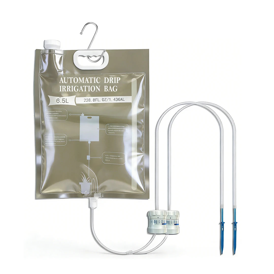 Automatic drip irrigation watering bag with hanging reservoir, tubing, and two blue drip stakes