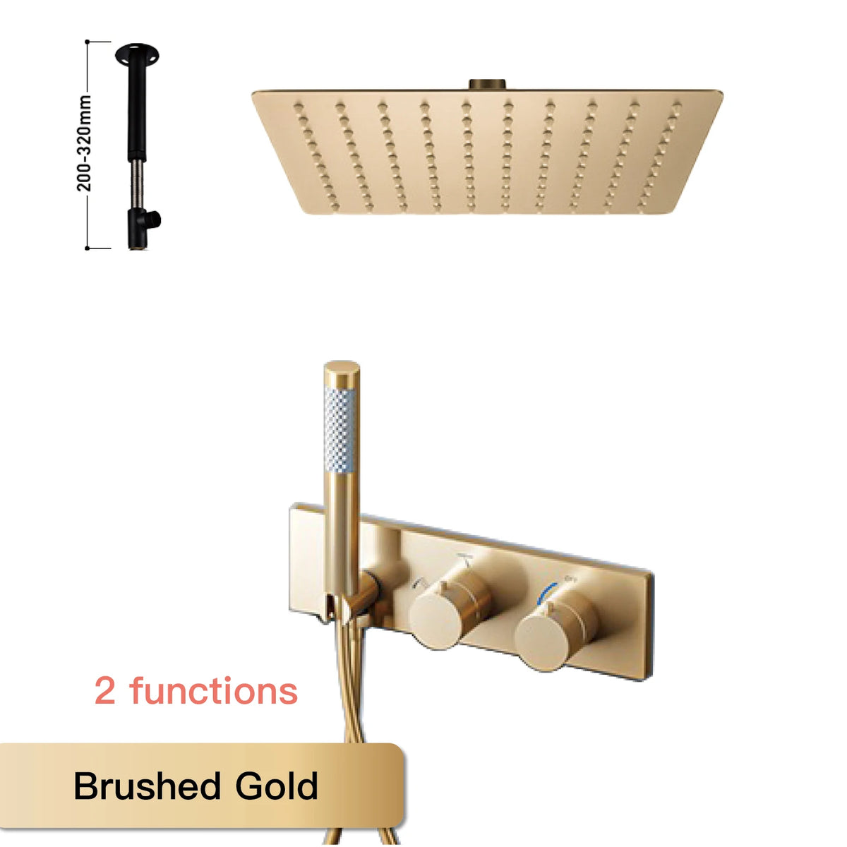 Brushed gold thermostatic shower system with rainfall ceiling head and 2-function wall mixer