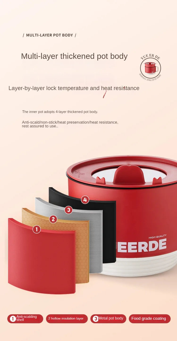 Red YUEERDE electric hot pot showing thick multi-layer pot wall and open lid