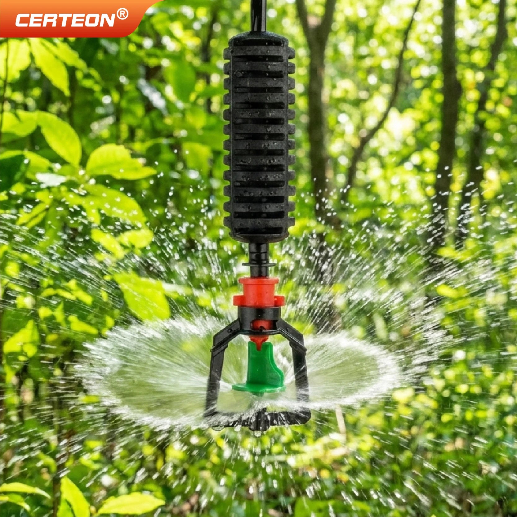 Inverted micro-sprinkler nozzle emitting a fine mist spray from a green outlet