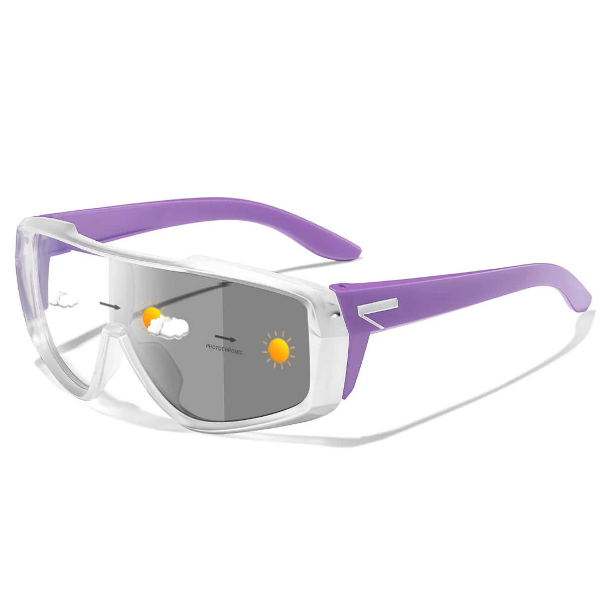 Purple-accent sports photochromic goggles with clear shield lens and gray tint