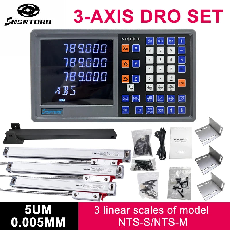 3-axis DRO digital readout with keypad and multiple linear glass scales and mounting rails