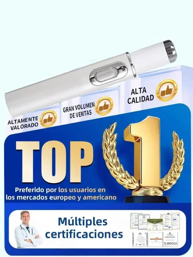White handheld wart removal pen device for home skin care with clinical certifications and top-rated award graphic.