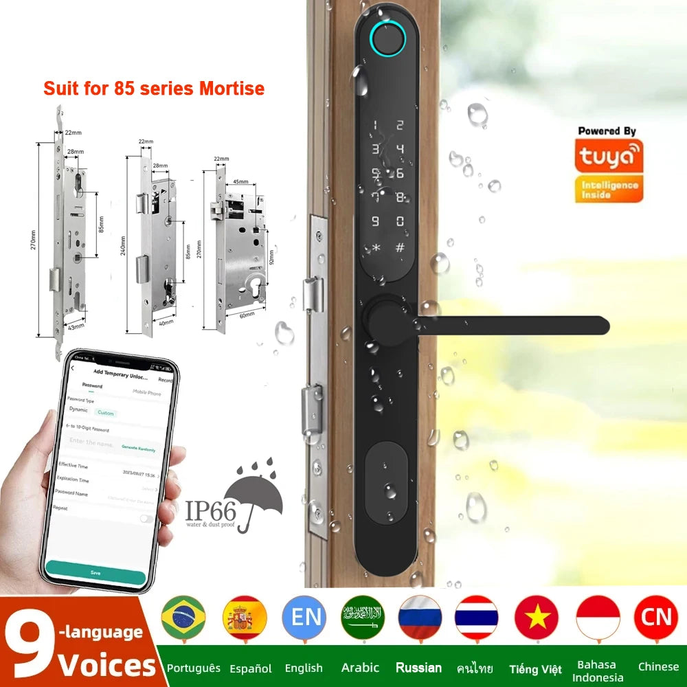 Tuya Bluetooth Smart Door Lock IP66 Waterproof Fingerprint Lock for Outdoor Gate Apartment Narrow Frame Door EU 85 Mortise
