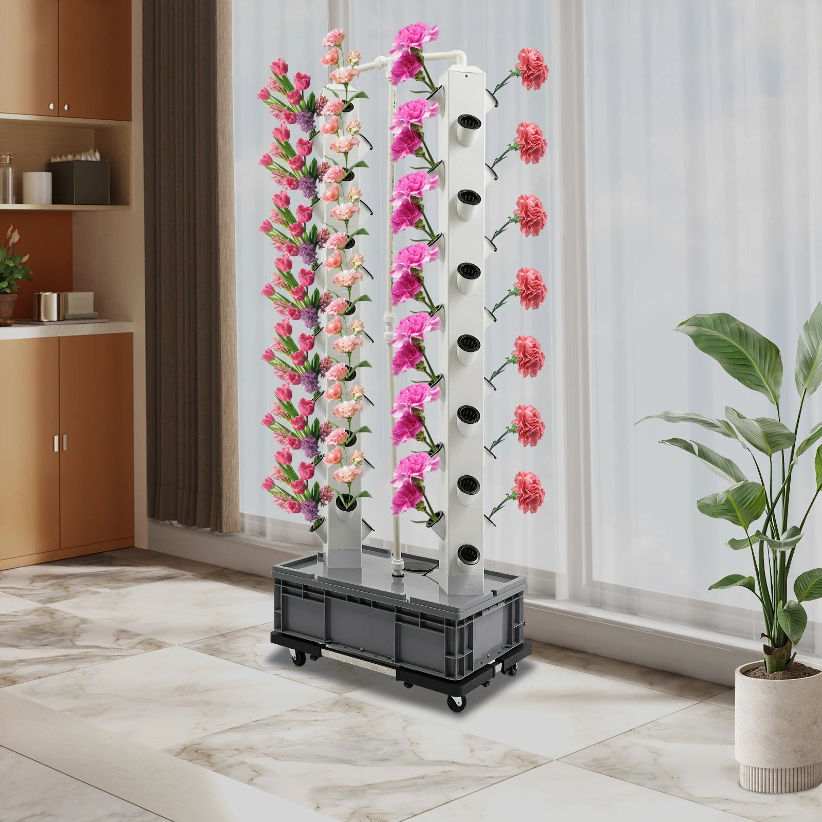56-Plant Hydroponic Growing Tower 220v Outdoor Indoor Vertical Garden Smart Garden Kit Hydroponics Growing Tower with 4 Wheels