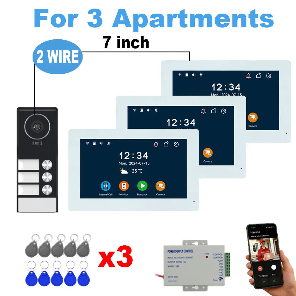 2-4 Unit Home 2 Wire 7inch Touch Video Intercom for Apartments Residential Video Door Phone System with RFID Card APP Unlock ﻿
