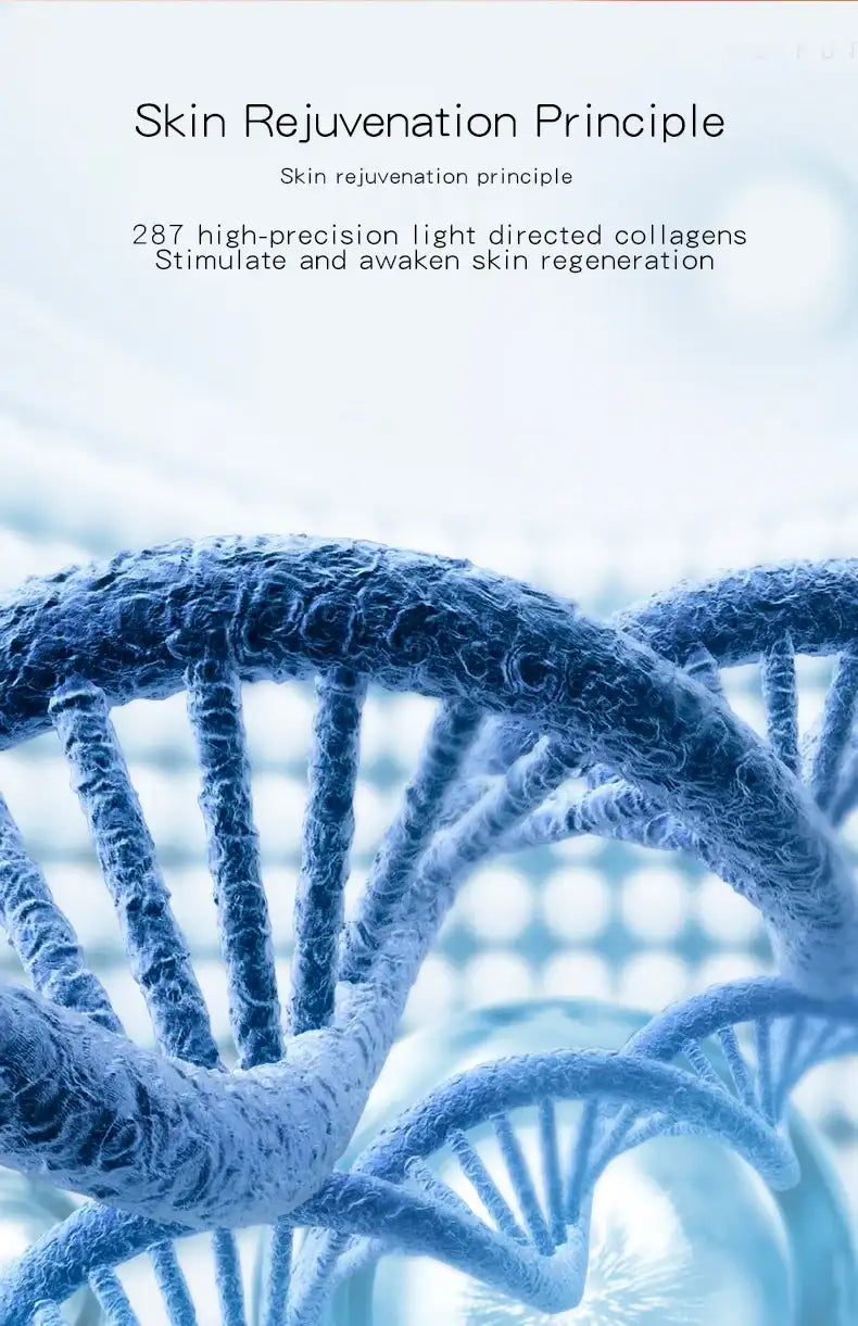 A 3D render of a blue DNA double helix structure against a blurred light-grid background with overlay text.