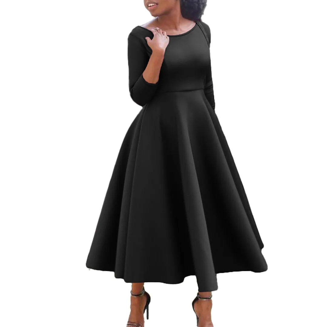 Elegant Pure Color Maxi Dress Evening Gown A- Line Skirt Polyester Fabric round Neck Short Sleeve High Waist Midi Dress