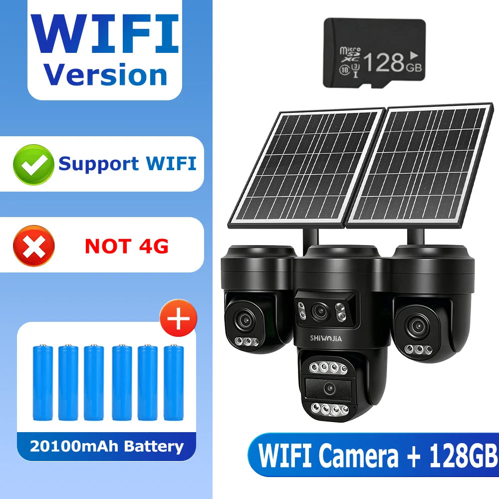 WiFi solar security camera with quad lenses, two solar panels, microSD 128GB