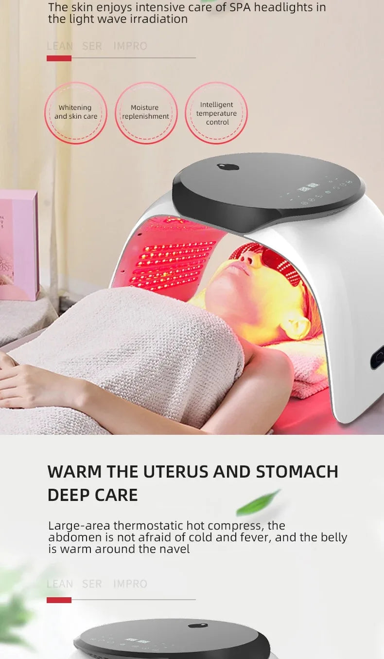 7 colors PDT LED light therapy mask for facial rejuvenation and acne treatment showing red light in home spa setup.