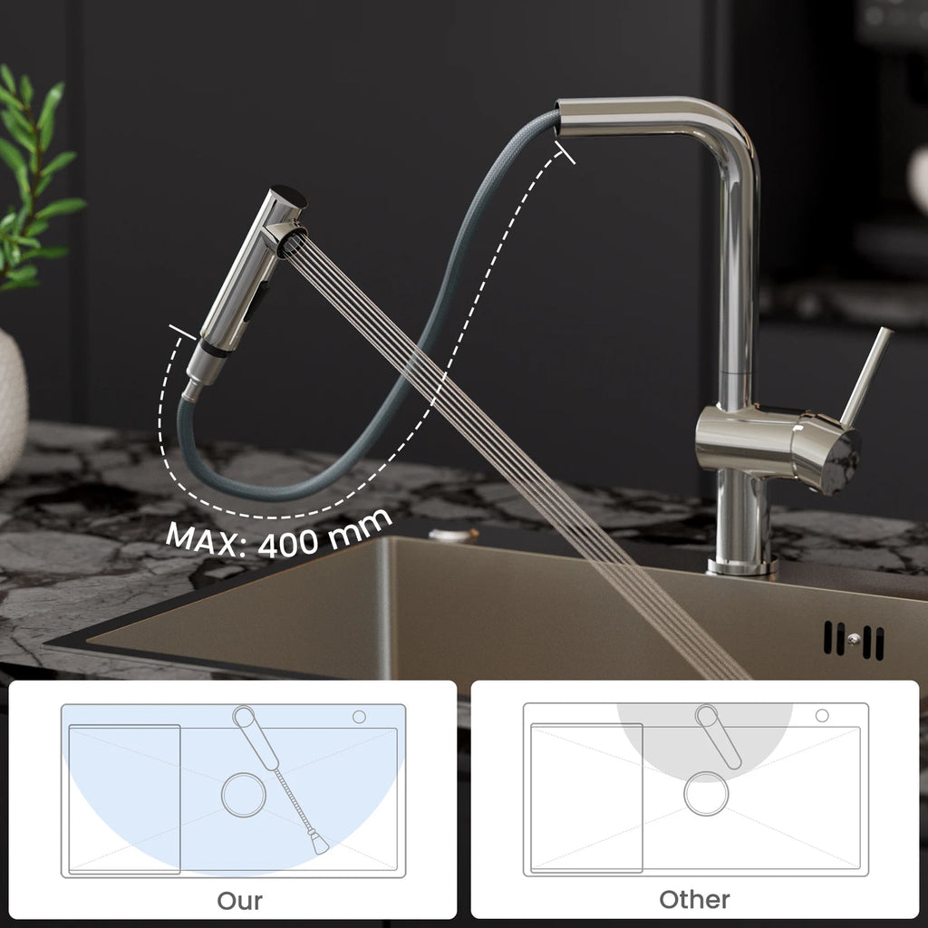 Pull-out Kitchen Faucet, Kitchen Mixer with Spray Nozzle and Retractable Sprayer, Single-Handle Fixture, 360° Swivel, Chrome