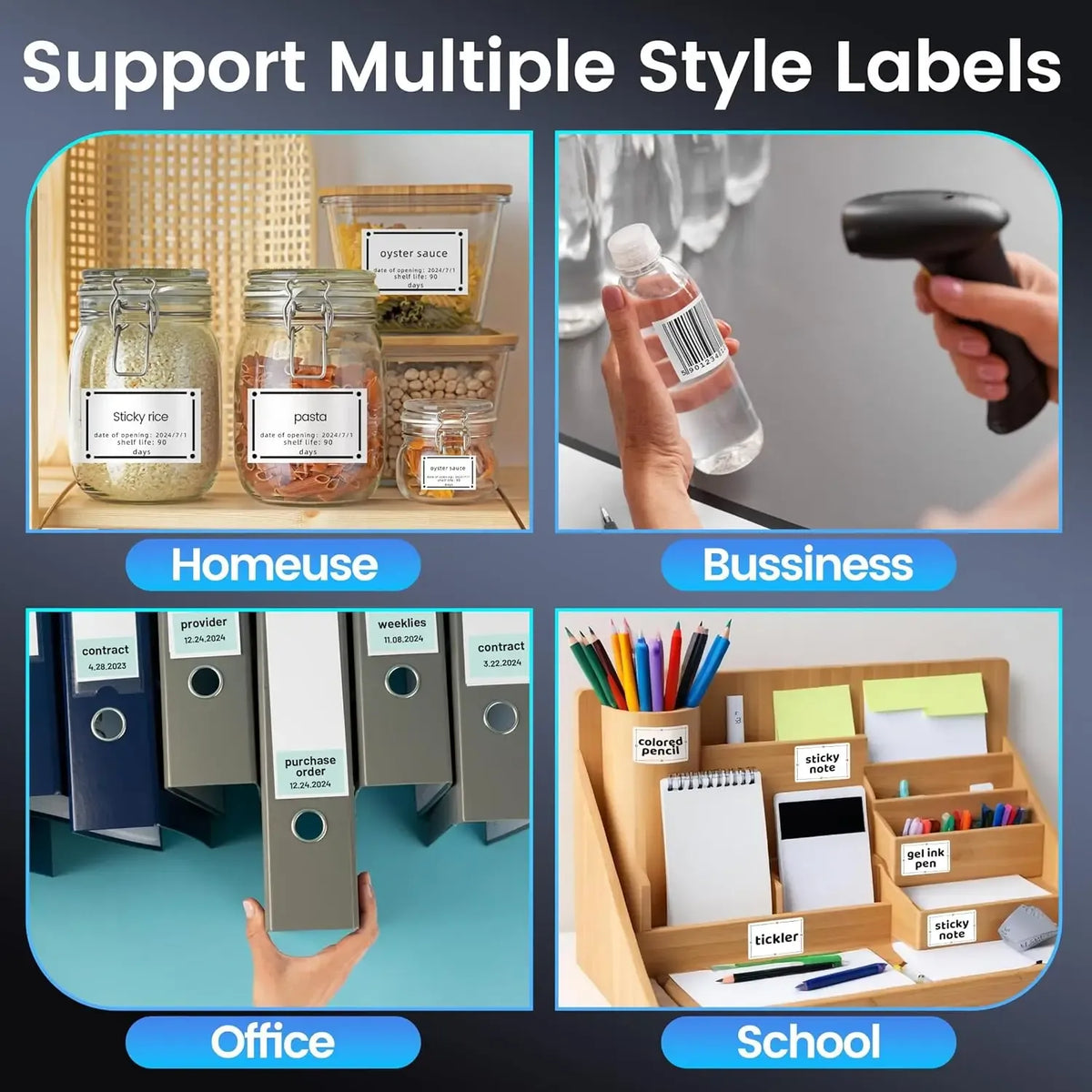 Printed label samples for bottles, office folders, and school organization