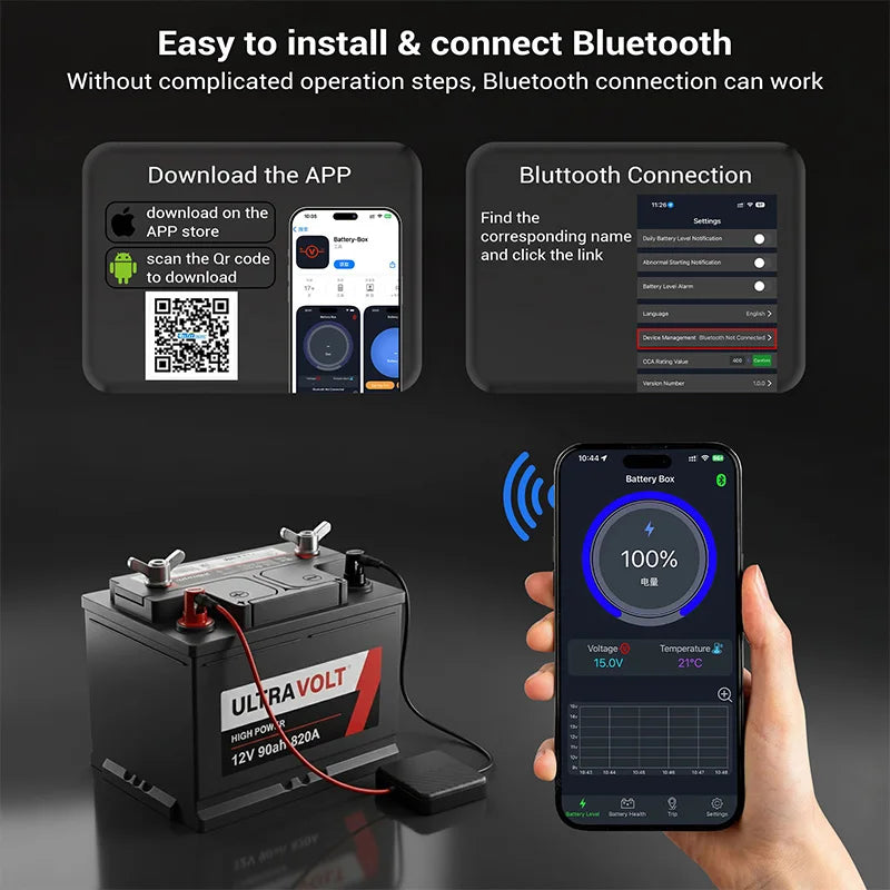 12V Bluetooth Battery Monitor SOC Health Analyzer HT-BM01 by Tidesmit Tidesmit
