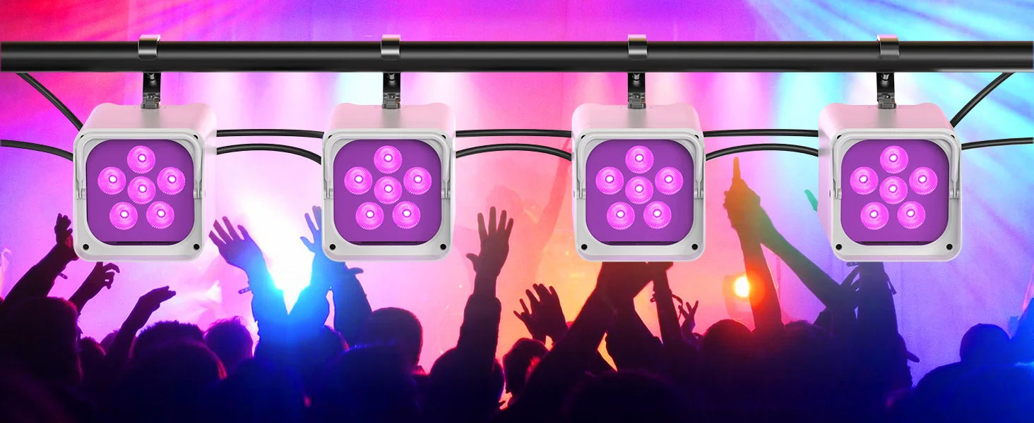 U'King 4PCS RGBWA+UV LED Par Light with Bag 6x18W DMX Stage Light Rechargeable Built-in Battery Wireless Par Light Dyeing Light