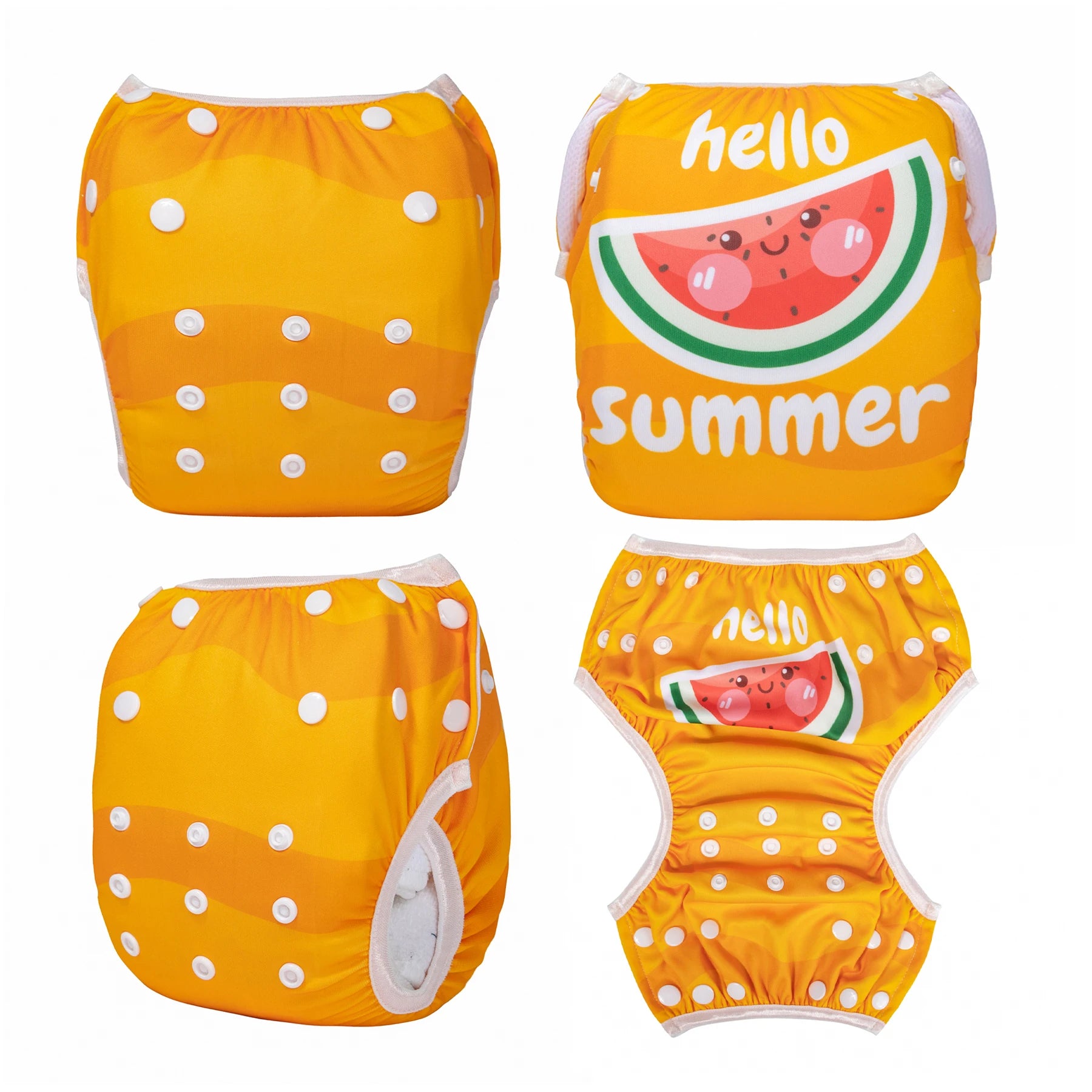 Yellow Hello Summer watermelon print reusable baby cloth diaper with adjustable snap buttons.