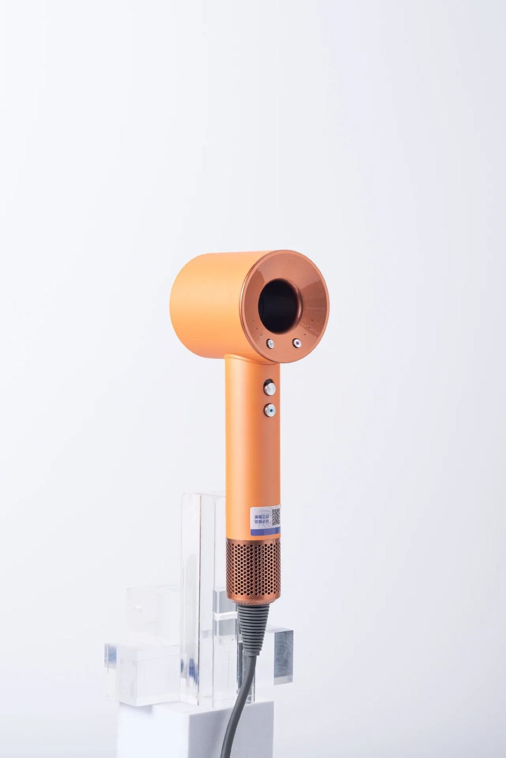 Orange high-speed hair dryer with brushless motor, negative ion technology, and multi-speed temperature control.