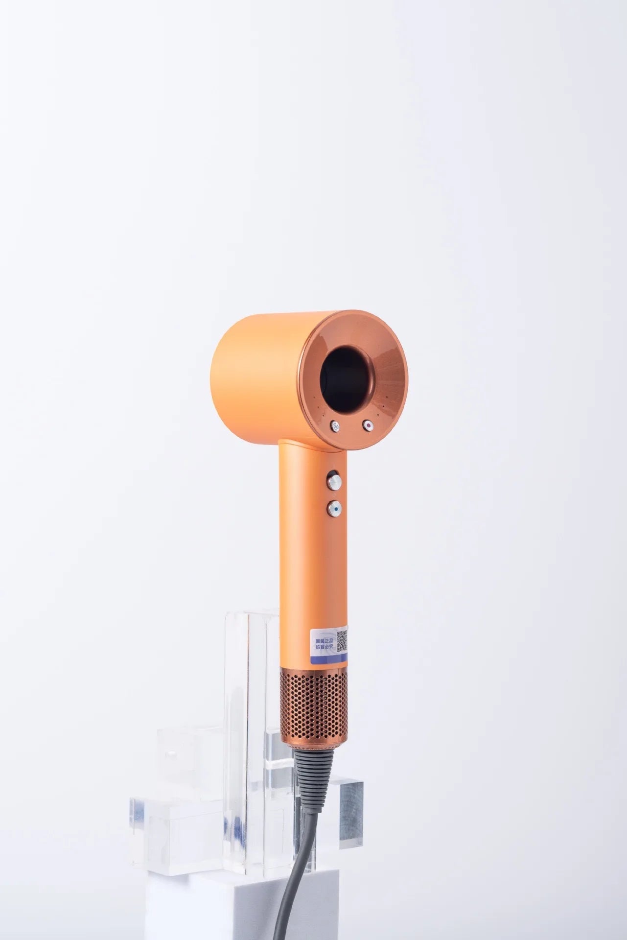 Orange high-speed hair dryer with brushless motor, negative ion technology, and multi-speed temperature control.