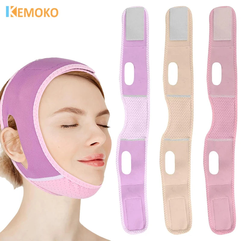 A woman wears a purple face-slimming strap, alongside three color options: purple, beige, and pink, with ear cutouts.