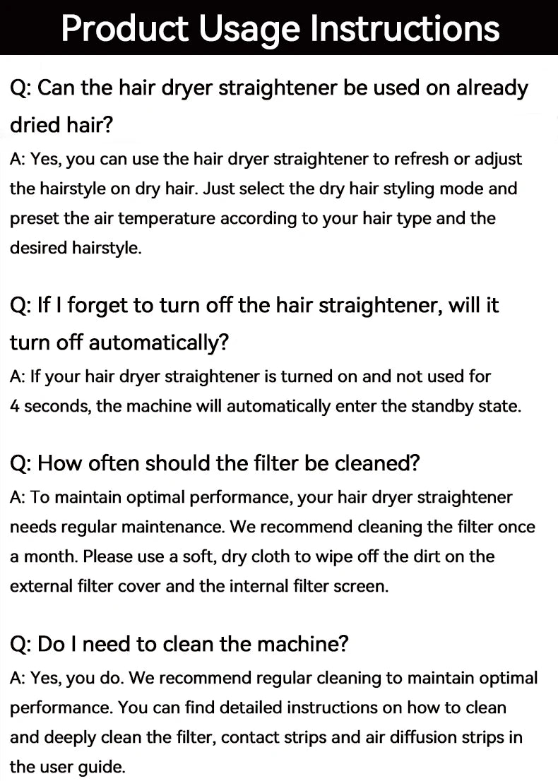 2-in-1 ionic hair dryer and flat iron combo with sleek black design, showing product care and usage instructions.