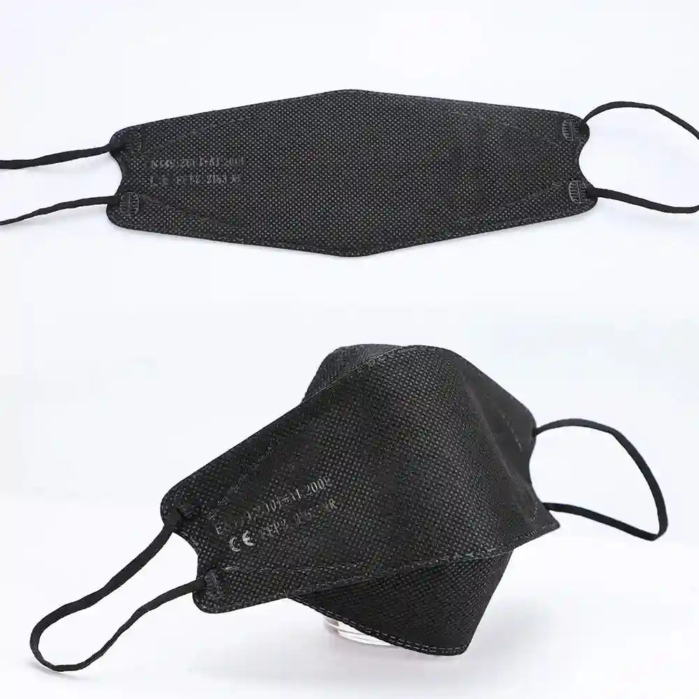 Black 4-layer FFP2 KN95 respirator face mask with textured fabric, ergonomic fish-shape design, and ear loops.