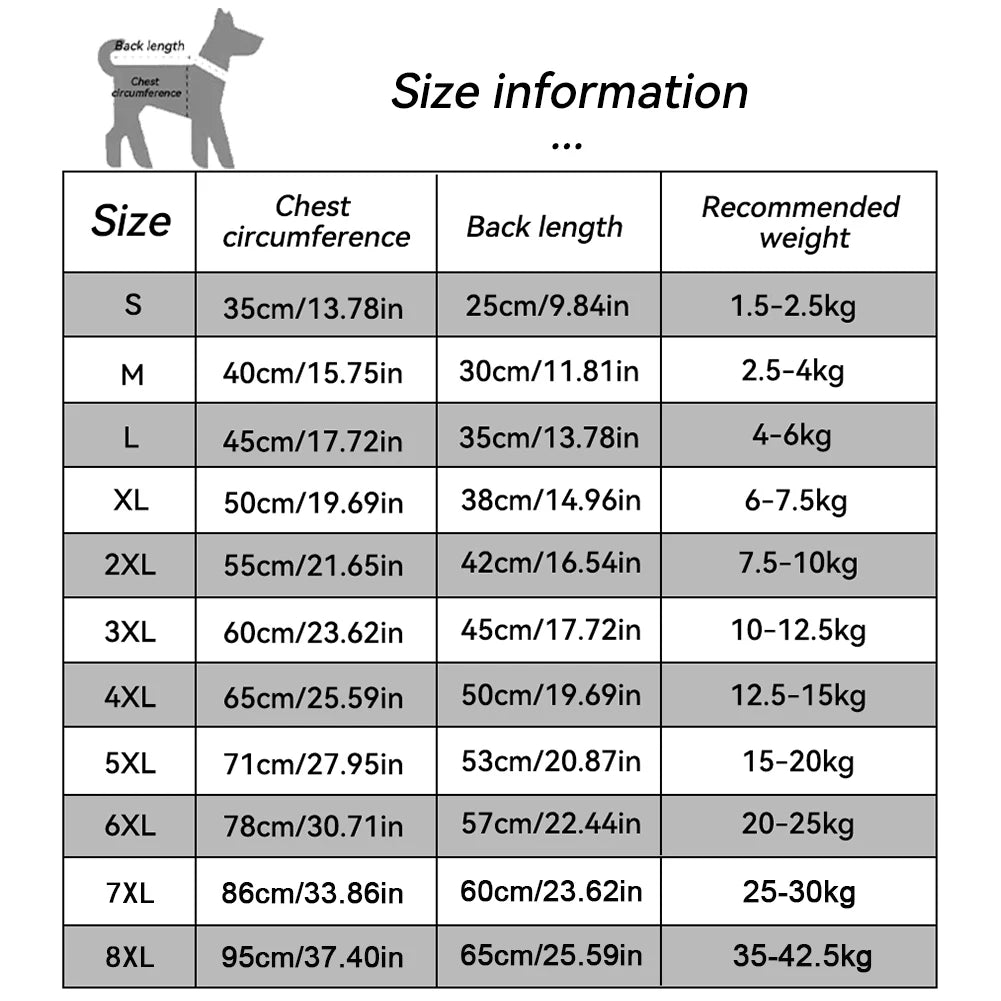 Size chart for warm dog winter sweaters and hoodies, ranging from S to 8XL for small to large breeds like Retrievers.