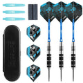 CyeeLife 26g steel tip dart set with blue aluminum shafts, dinosaur PET flights, and storage case for precise throwing.