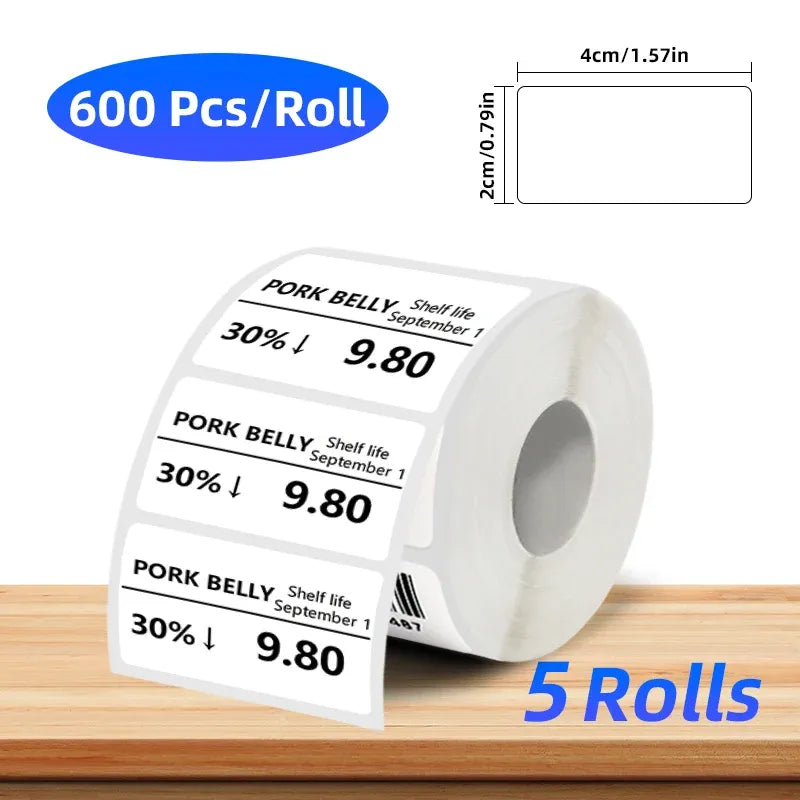 Coreless white thermal label roll with 600 labels per roll, blank label area