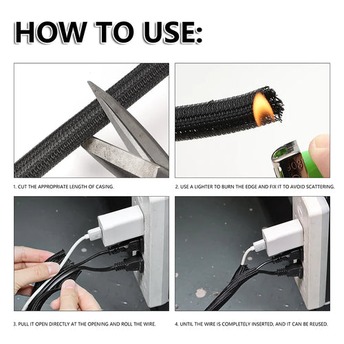 Black PET cable sleeve being cut and rolled open to wrap a wire