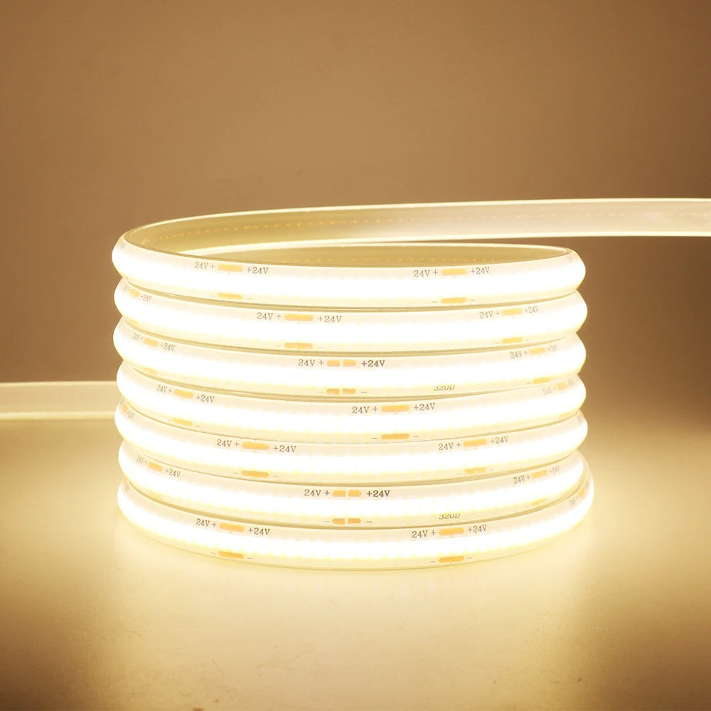 12V 24V IP68 Waterproof COB LED Strip Light 5m 10m 15m 20m 0.5m Flexible Tape IP30 320 LEDs High Density Bright Liner Lighting