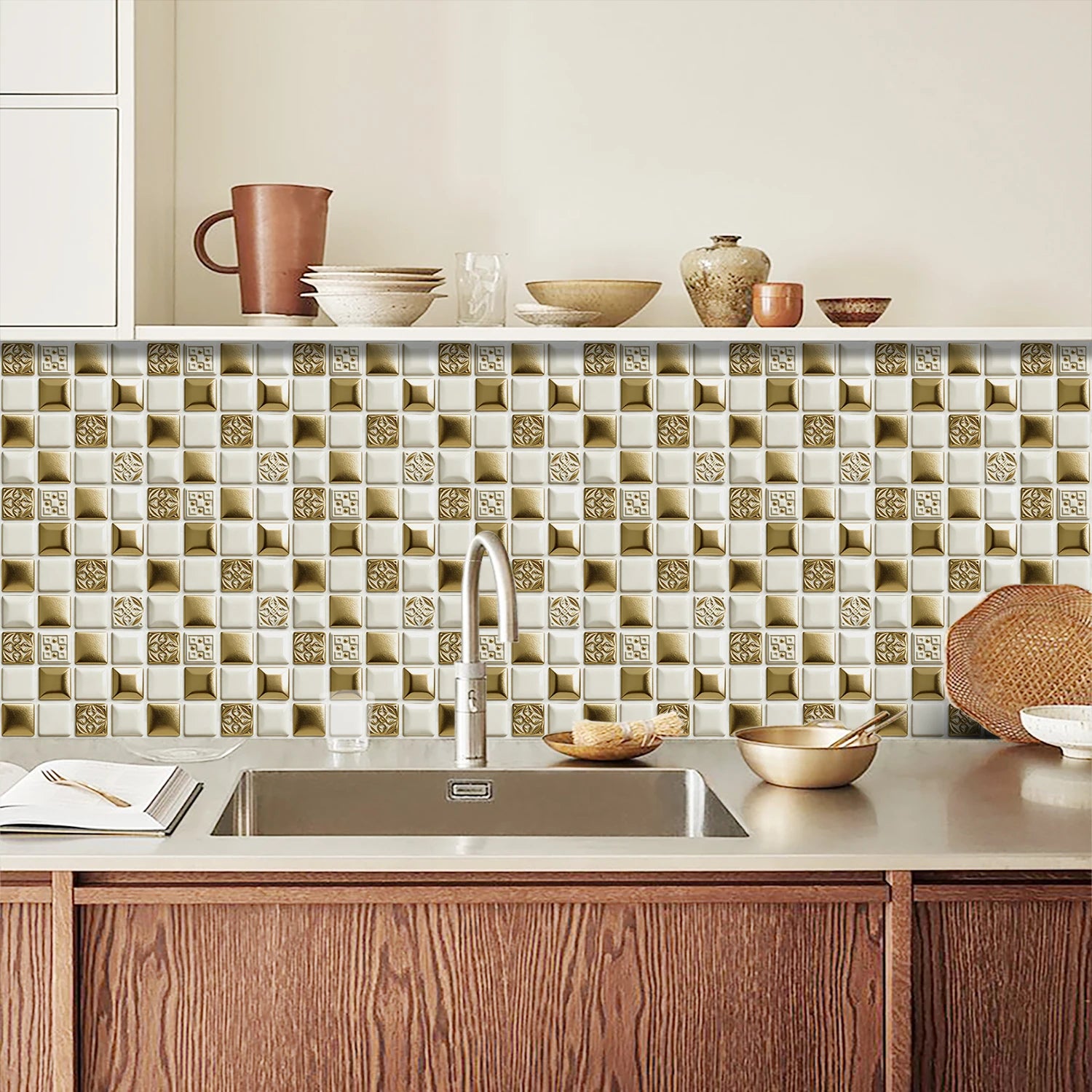 10pcs Flat Mosaic Tiles Sticker Set Kitchen Bathroom Wall Decals Gloss Waterproof Film 2D Surface Cover Transfers for Home Decor