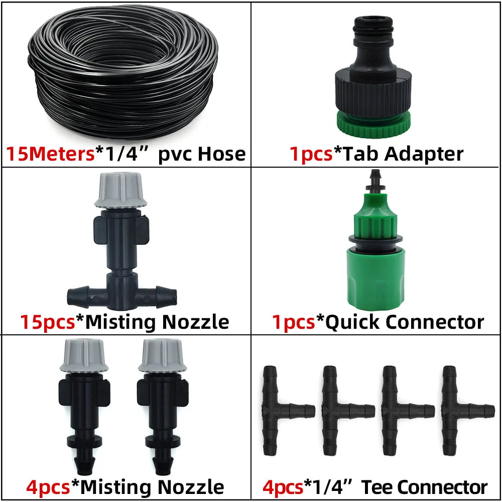 Outdoor misting hose kit with 15m black tubing, brass misting nozzles, green quick connector.