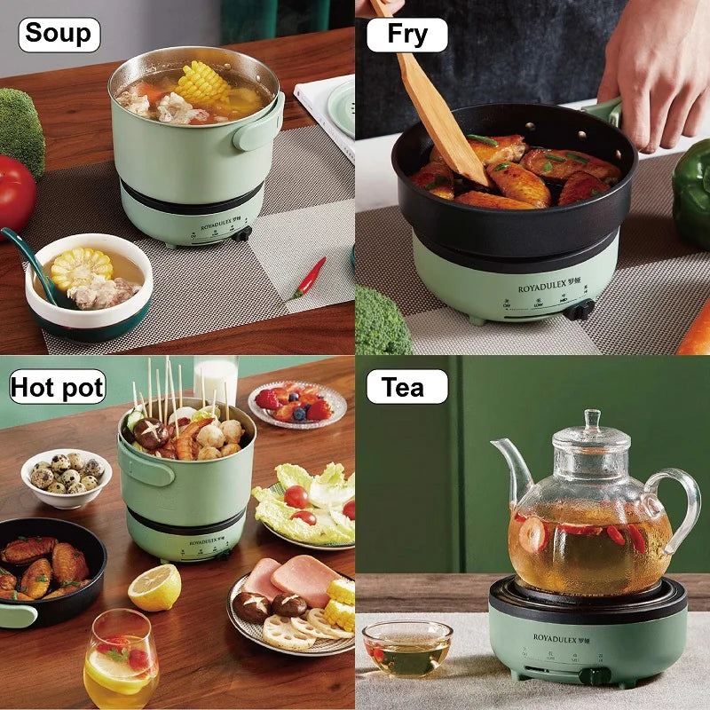 Green multi-cooker with three cooking accessories and lid, shown for soup and fry