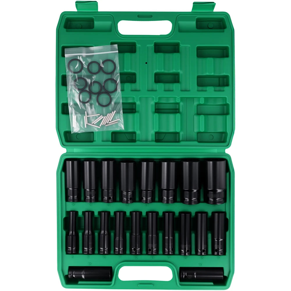 Podofo 20PCs 1/2'' Drive 6-Point Impact Socket Set 8-32mm Metric Sizes Carbon Steel  Impact Wrench Nut Set With Storage Box