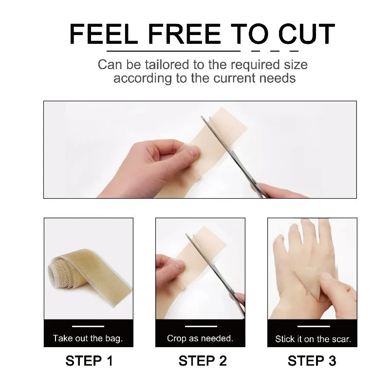 Reusable silicone scar sheet roll showing step-by-step instructions for cutting and applying to skin for scar care.