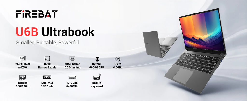 FIREBAT U6B 16" Laptop AMD Ryzen5 6600H LPDDR5 16GB RAM M.2 512GB SSD WiFi6 BT5.2 16inch 2.5K 120Hz Screen Windows11 Computer