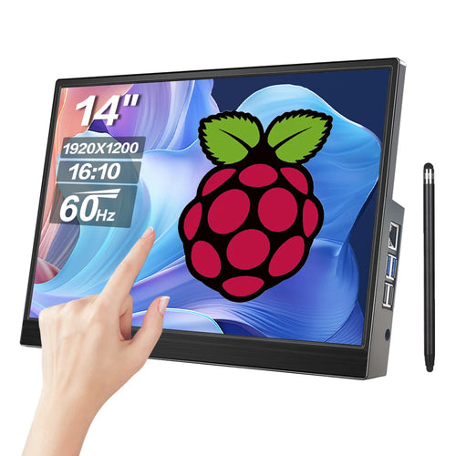 14-inch touchscreen monitor for Raspberry Pi with 1920x1200 resolution, side ports, and included stylus.