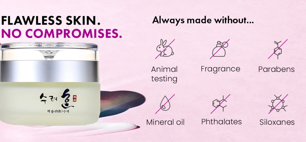 A jar of anti-aging face cream on a pink background, featuring a list of prohibited ingredients with icons.