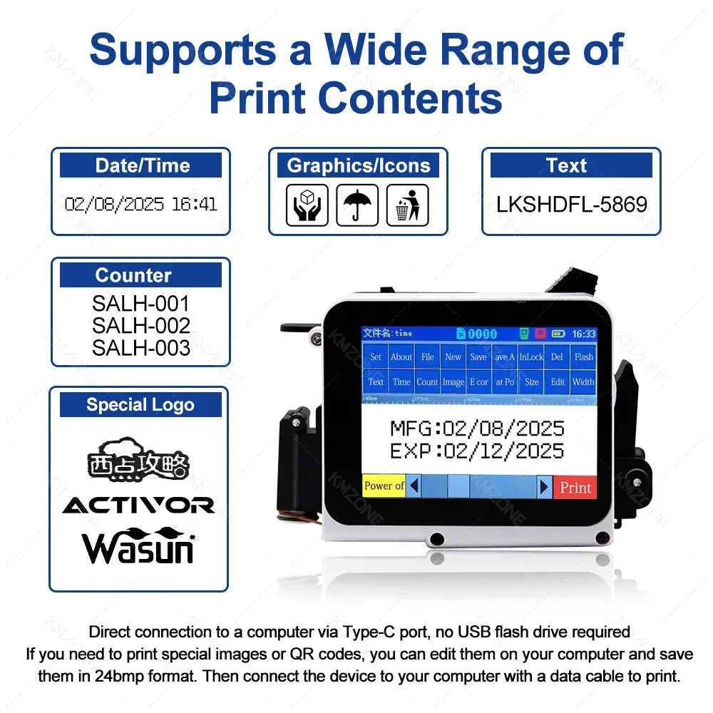 Handheld inkjet printer with on-screen date and logo options, black and white body