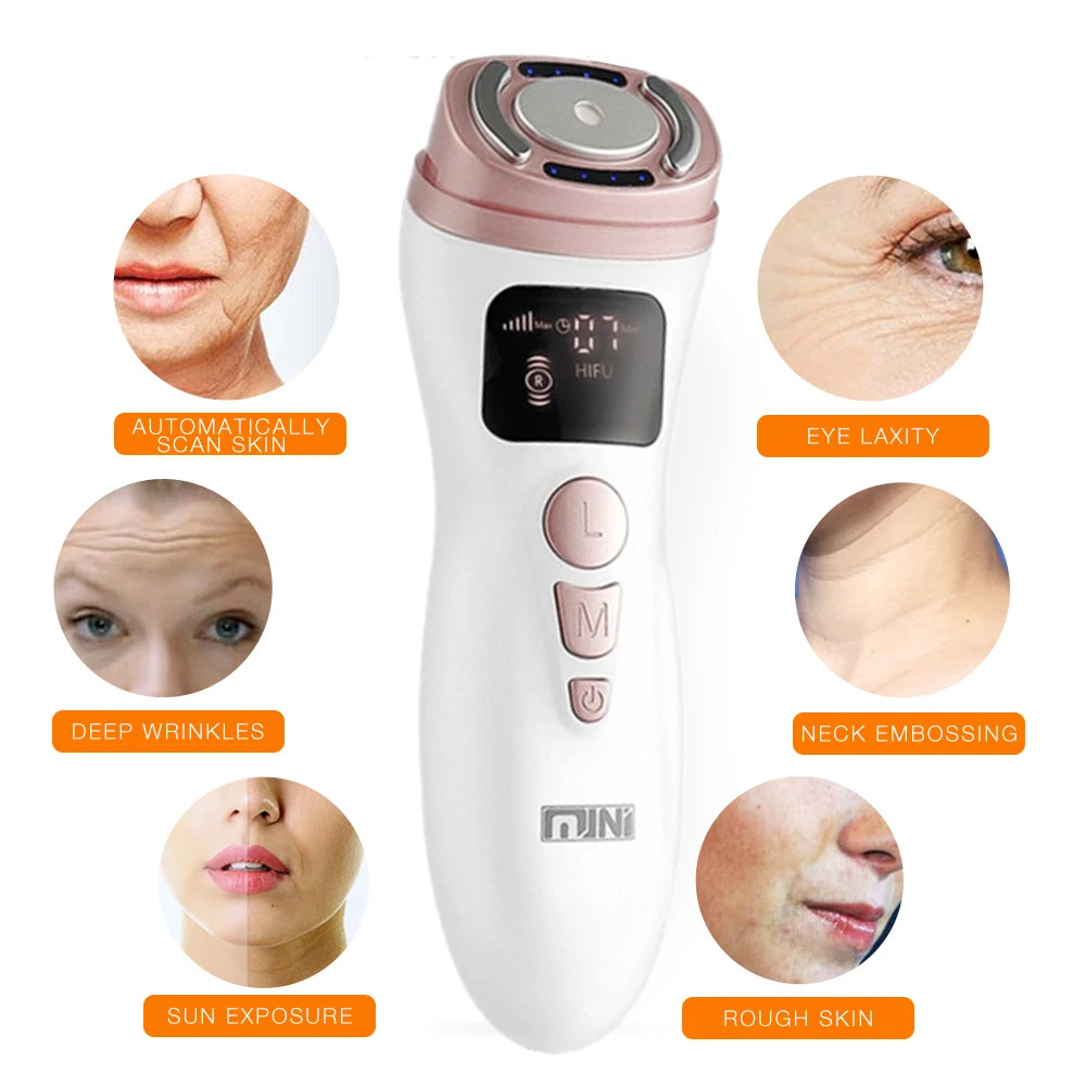 White and rose gold handheld HIFU facial tightening device with digital screen and circular massage head.
