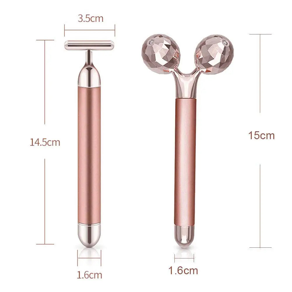 Two rose gold electric facial massagers: one T-bar and one 3D roller with faceted spheres, shown with dimension labels.