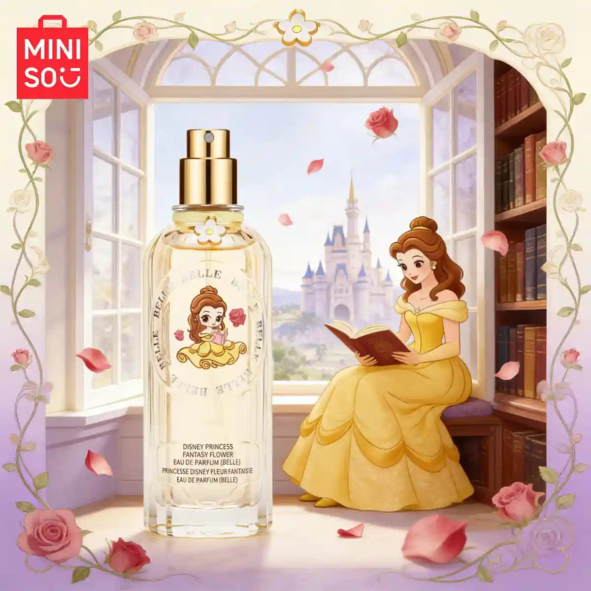 MINISO Disney Belle Fantasy Flower EDP for women. 60ml floral perfume in a tall, elegant glass bottle with gold cap.
