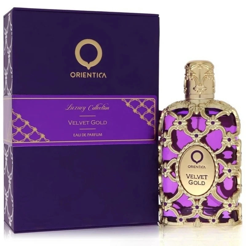 Orientica Velvet Gold Eau de Parfum: 100ml luxurious floral unisex perfume in an ornate gold-caged purple glass bottle.