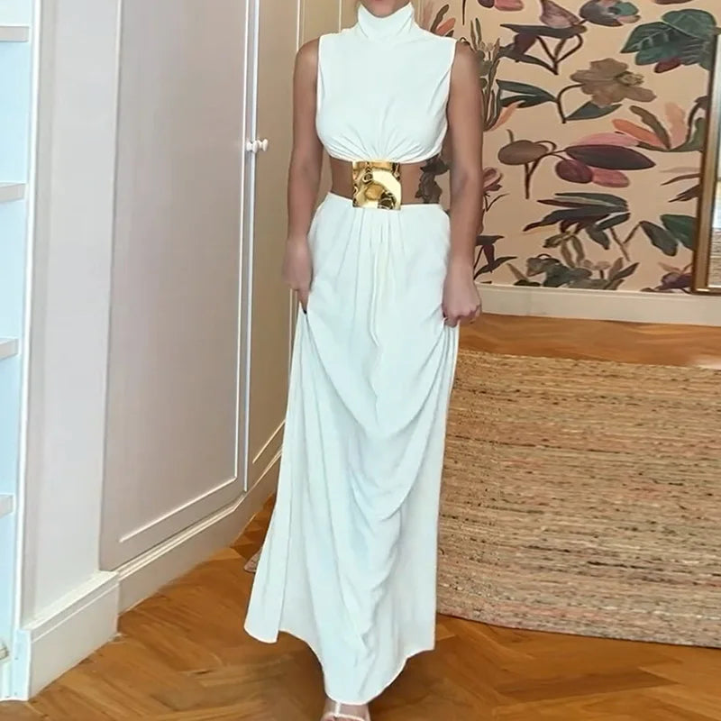 Solid Patchwork Hollow Out Fashion Maxi Dress, Women Summer Sleeveless Simple Party Dress, 2025 New Turtleneck Sexy Ladies Dress