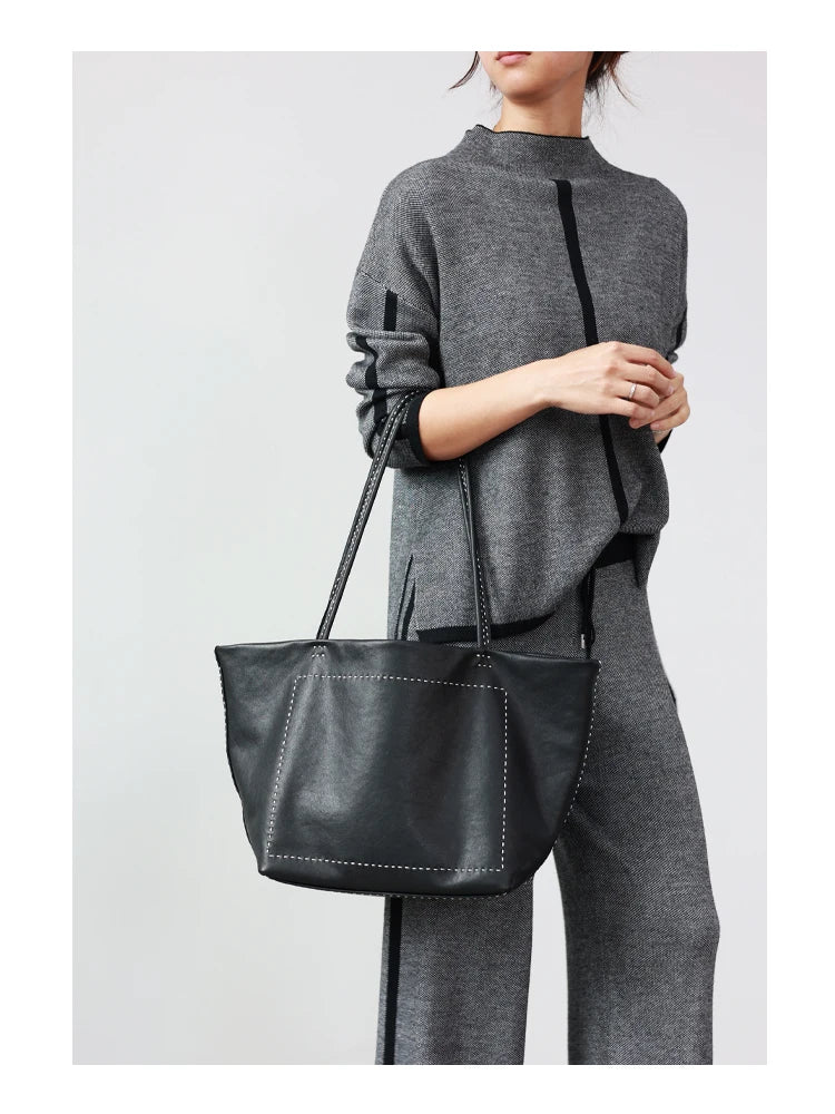 Women Large Capacity Genuine Leather Tote Soft Shoulder Bag
