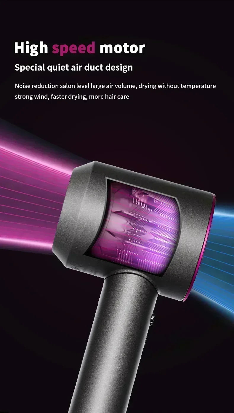 Professional 5-in-1 hair dryer with high-speed motor, thermostatic heat, and quiet dark grey salon-style design.