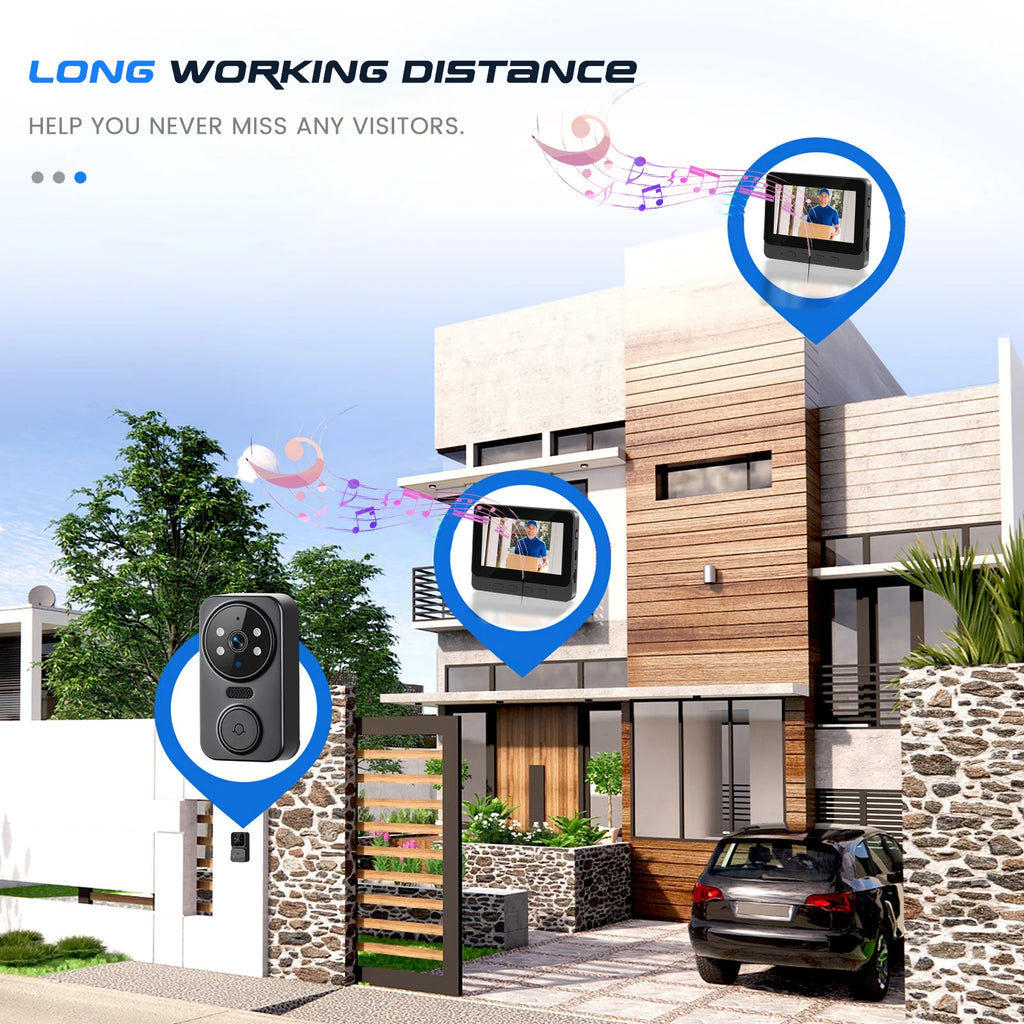 Podofo 4.3" IPS Screen Wireless Video Doorbell Night Vision Two-Way Video Intercom Door Ring Camera 1–150M Transmission Range Garage Entrance Video Security Monitor