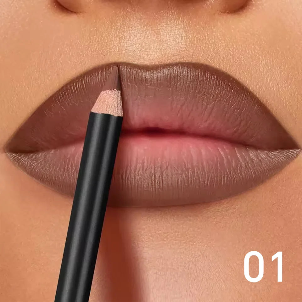 Long-lasting waterproof matte lip liner in a brown shade, applying smooth, transfer-proof pigment to define lips.