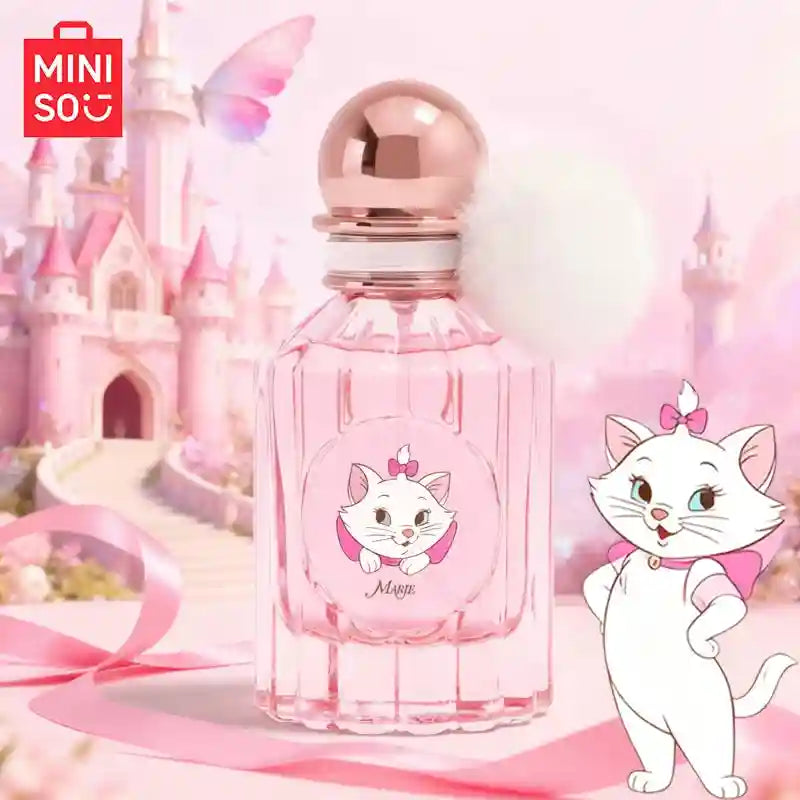 MINISO x Disney Marie floral fruity perfume, 50ml, pink fluted bottle with pom-pom cap for women and girls.