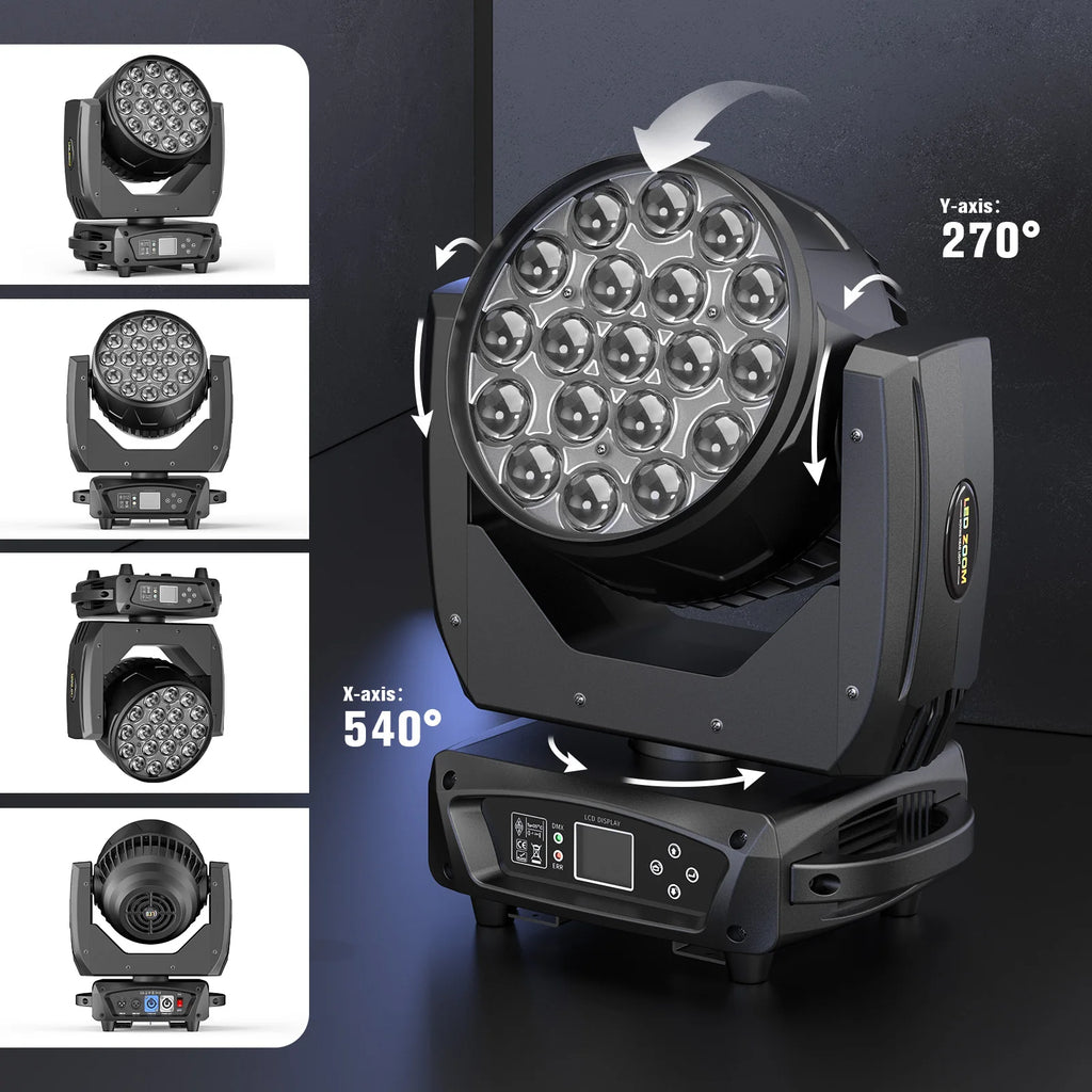 2PCS 19x15W Beam Moving Head Light RGBW LED Lighting Zoom Wash Lights DMX Stage Effect Lighting for Disco Party Concert Theater