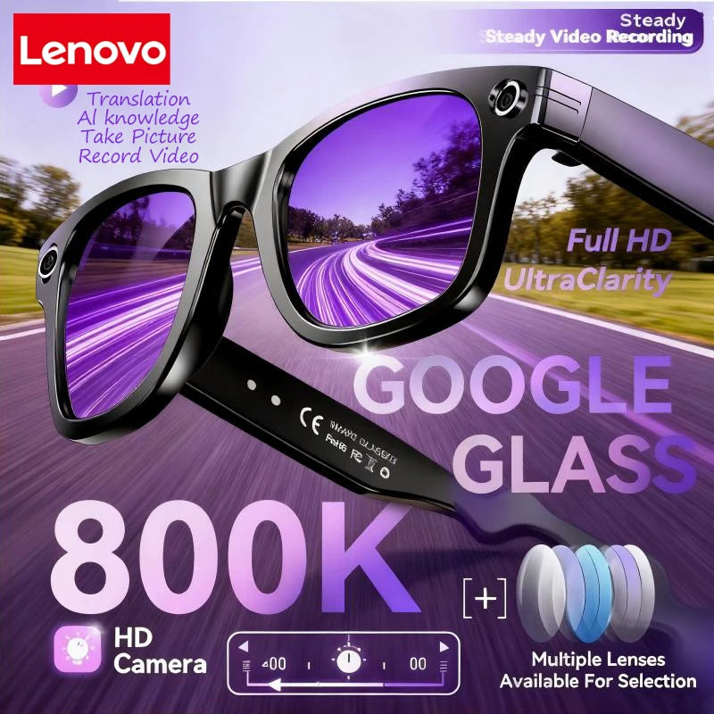 Black smart glasses with purple-tinted lenses, integrated HD cameras, and temple-mounted controls for video recording.